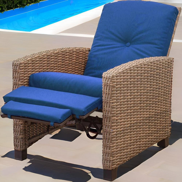 Red Barrel Studio® AllWeather Wicker Recliner, Blue Cushion. Indoor